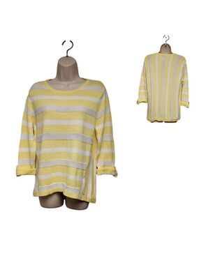 Zernergy By Chico's Yellow White Striped Knit Mesh Sweater Large
